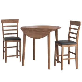 3PCS Retro Round Counter Height Drop-Leaf Table with 2 Upholstered Chairs Rubber wood Dining Table Set Pub Set with PU leather Cushion for Small Space