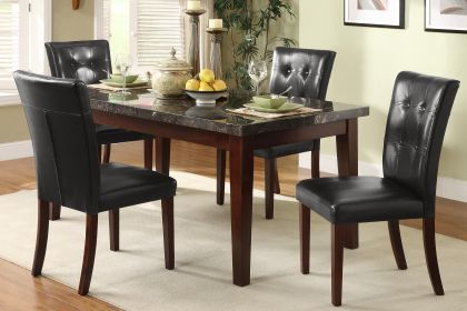 Dark Cherry Finish Wooden 5pc Dining Set Marble Top Table and 4 Side Chairs Dark Brown Faux Leather Upholstered Dining Kitchen Furniture Set