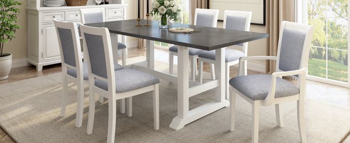 TOPMAX 7-Piece Updated 76.9inch Extendable Trestle Dining Table Set with Removable Leaf, Kitchen Table Set with Upholstered Side Chair and Arm Chair, (Color: as Pic)